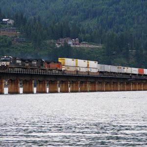 Eastbound Stack train crossing bridge at Sandpoint