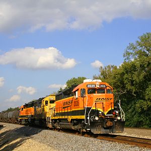 BNSF new logoed GP38-2 2035 through the countryside