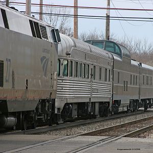 Amtrak 350 with 3 private cars stopped in Dowagiac, MI