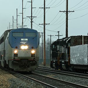 Amtrak 365 passes NS B05 in Dowagaic, MI