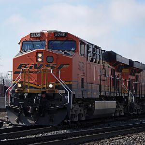 BNSF 5769 leads heading out of Elkhart east.