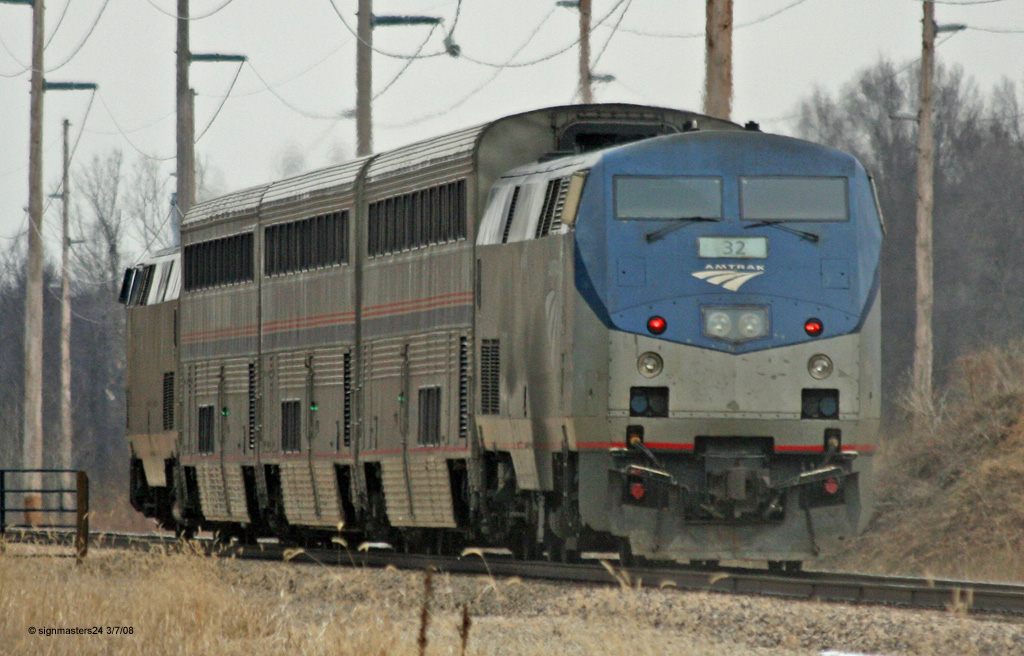 Amtrak 350 heading east into Dowagiac with three superliners 3/7/08