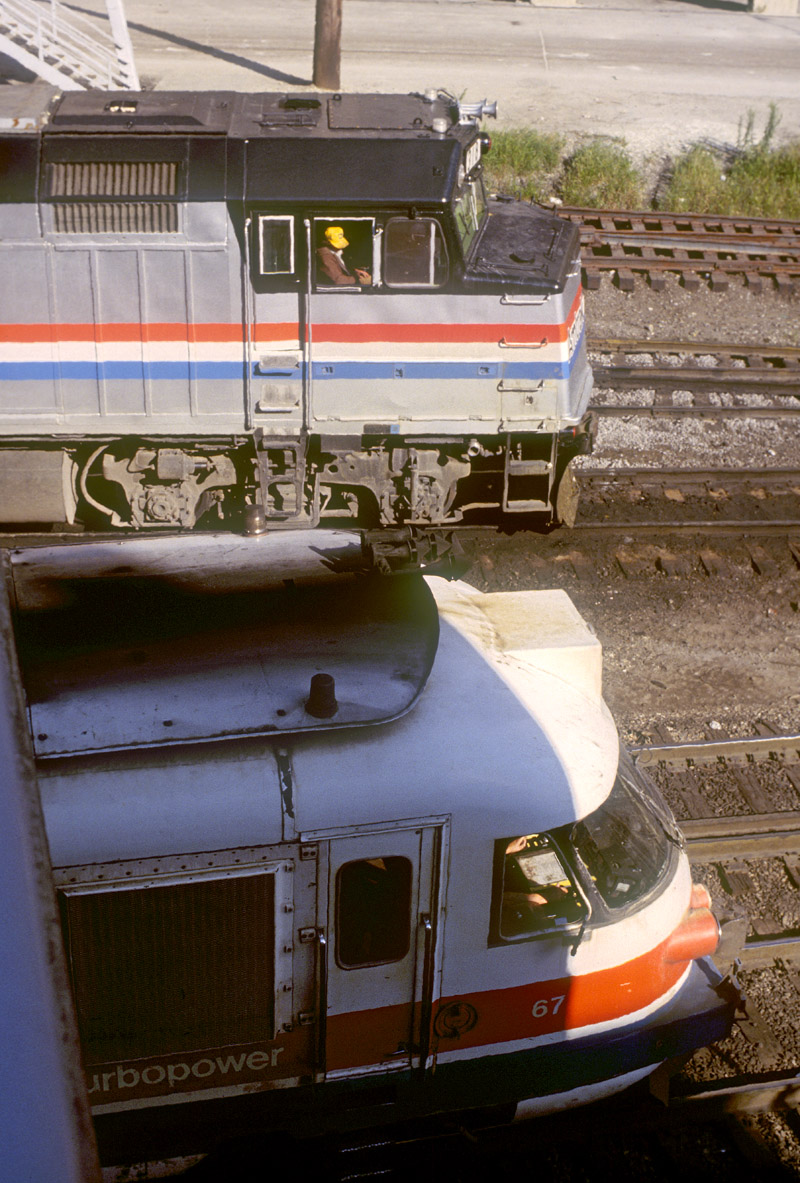 Amtrak 67 and 318, Chicago, IL, Sept. 1979, photo by Chuck Zeiler