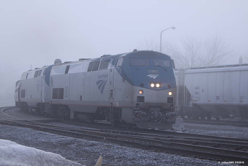 Amtrak Capital Limited slows in the fog in Elkhart, IN