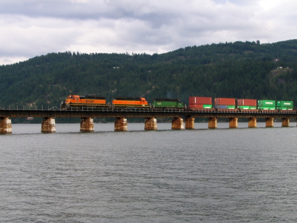 Eastbound Stack train crossing bridge at Sandpoint