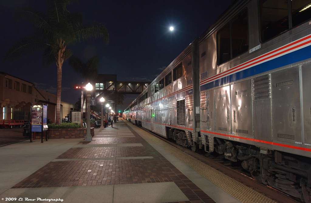 Station Stop Under an Autumn Moon for the Eastbound Southwest Chief at Full