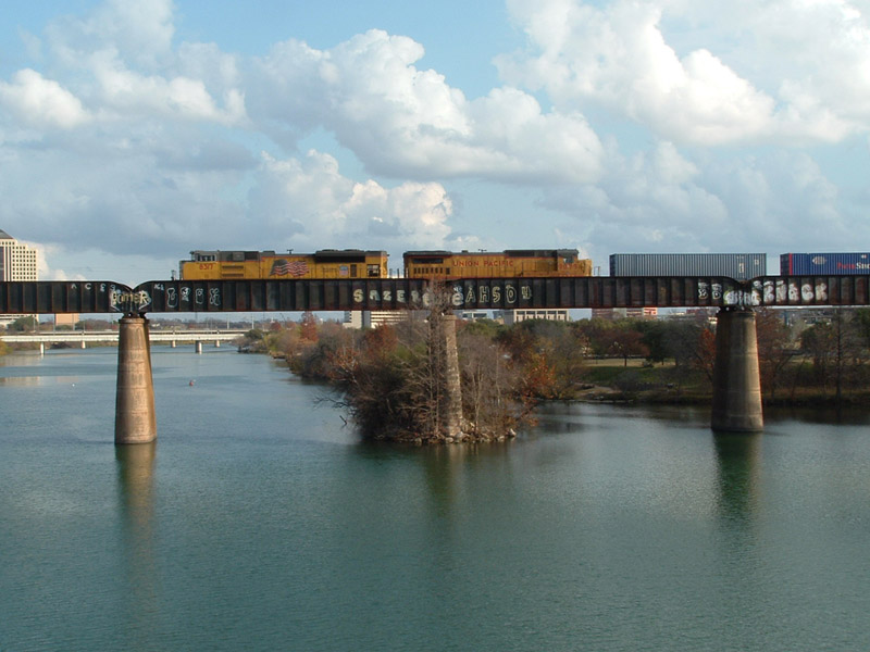 UP freight on Town Lake bridge Austin, TX